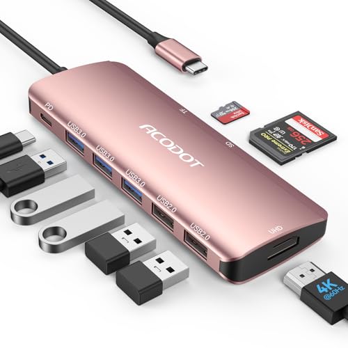 Image of USB C Hub, Acodot 9 in 1 USB C to 4K@60HZ HDMI Multiport Adapter, 3 USB 3.0 Ports, SD /TF Card Reader, 100W PD, USB C Hub Multiport Adapter Desigend for MacBook Pro Air HP XPS etc, Rose Gold