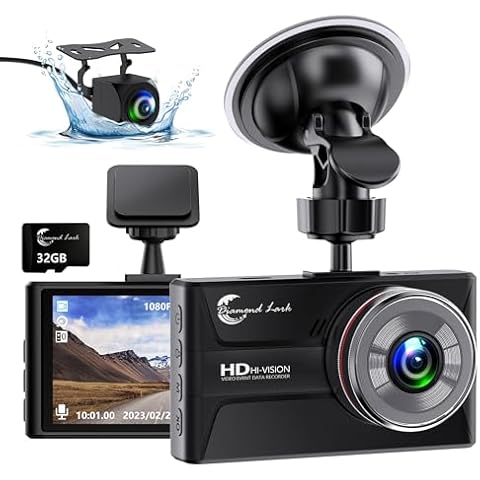 1080P Dash Cam Front and Rear with 32GB SD Card, Diamond Lark Dual Dash Camera for Cars, 3” LCD Screen Dashcam with Type-C Port, HDR, G-Sensor, Loop Recording, Parking Monitor, Night Vision Cover