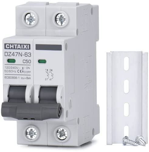 Chtaixi AC Miniature Circuit Breaker, 50 Amp 120V/240V 2 Pole DIN Rail Mount Circuit Breaker, Thermal Magnetic Trip, Solar AC Disconnect Switch MCB C50