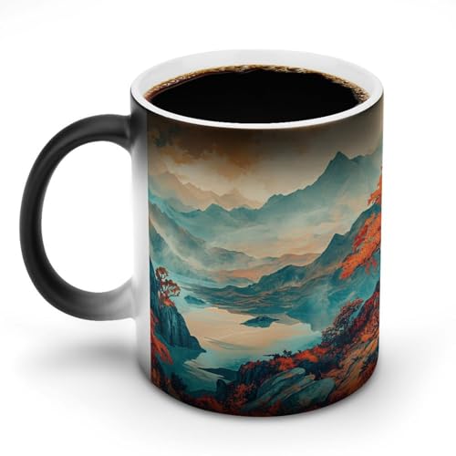 秀山の紅葉マグカップ 変色カップ 油絵イラストアート 水墨画 コーヒーカップ 高級 おしゃれ 人気 誕生日プレゼント ギフト 贈り物 彼女 妻 友人 家族 愛する人への素敵なプレゼント バレンタインデー 結婚記念日 プレゼント 350ml