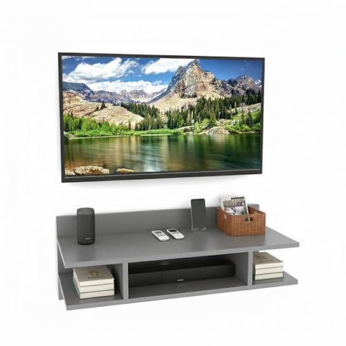Image of Engineered Wood Set Top Box Stand | Wall Mounted TV Unit Shelf for Router, WiFi, DVD, Gaming Console | Sturdy & Space Saving TV Accessory Organizer (Brown, 50 x 20 x 15 cm) (Grey)