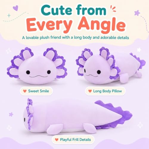 Image of BENINY 39-Inch Giant Axolotl Plush Pillow, Purple Large Stuffed Animal, Extra Soft Huggable Cuddly Toy Gift for Kids Girls Boys, Birthday Christmas Room Decor