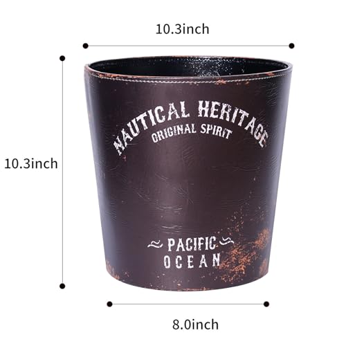Image of PU Leather Small Trash Can Wastebasket, Round Garbage Container Basket for Bathrooms, Laundry Room, Kitchens, Offices, Kids Rooms, Bedrooms,Home Decorative Art Bin, 2.9 Gallon (Nautical Heritage)