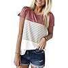 YunJey-Round-Neck-Triple-Color-Block-Stripe-T-Shirt YunJey short sleeve round neck triple color block stripe T-shirt casual blouse,Red,Large