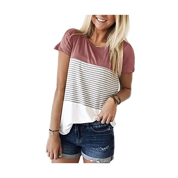 YunJey-Round-Neck-Triple-Color-Block-Stripe-T-Shirt YunJey short sleeve round neck triple color block stripe T-shirt casual blouse,Red,Large