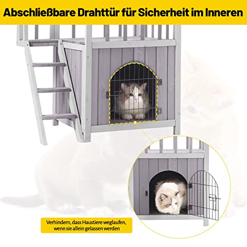 Katzenhaus Hundehaus Katzenhöhle 2-Schicht,Verbindung mit Terrasse und Treppe für drinnen und draußen 69.5x48.5x65.5 cm
