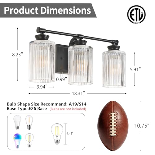 Image of Black Bathroom Vanity Light Fixtures, 3-Light Vanity Light 18 Inch