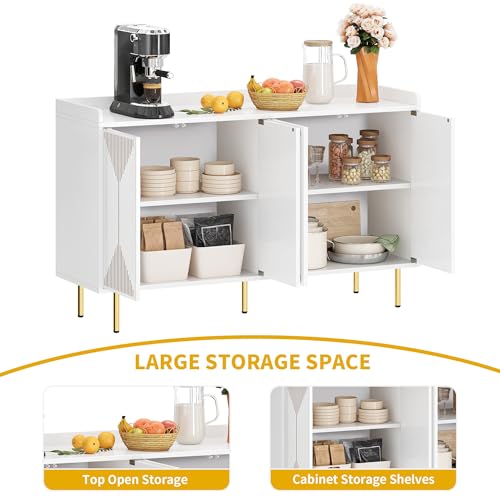 DWVO Modern Kitchen Storage Cabinet with Adjustable Shelves, 55" Sideboard Buffet Cabinet with Storage for Hallway, Kitchen or Living Room, White/Gold