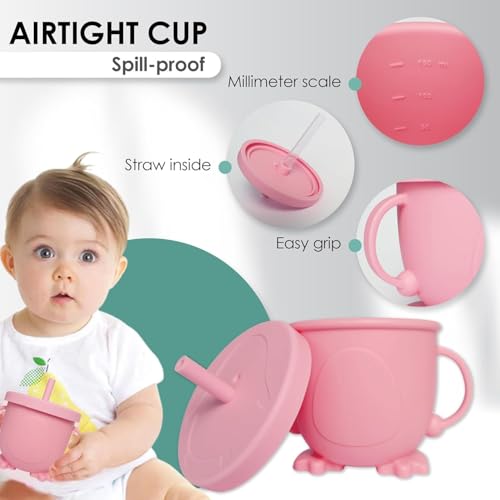 Image of Silicone Baby Feeding Set 6 Pieces with Suction Plate, Bowl, Adjustable Bib, Straw Cup, Spoon & Fork, BPA Free Baby Led Weaning Essentials - Pink