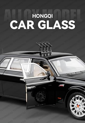 Image of 1:24 Scale Black Hongqi Limousine Diecast Model Car - Alloy Body, Opening Doors, Light & Sound, Pull Back Toy with Built-in Engine & Realistic Interior for Kids and Collectors
