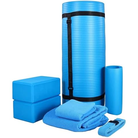 BalanceFrom 7 Piece Yoga Set, with Mat & Towel, Home Workout Equipment, Blue Cover