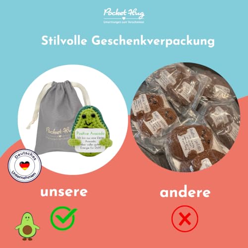 Pocket Hug Positive Avocado · Mutmachergeschenk für Freunde, Familie und Kollegen · Kreative Avocadofigur · Motivationsgeschenk & Glücksbringer deutsch · Handmade Woll-Avocado inkl. Zubehör