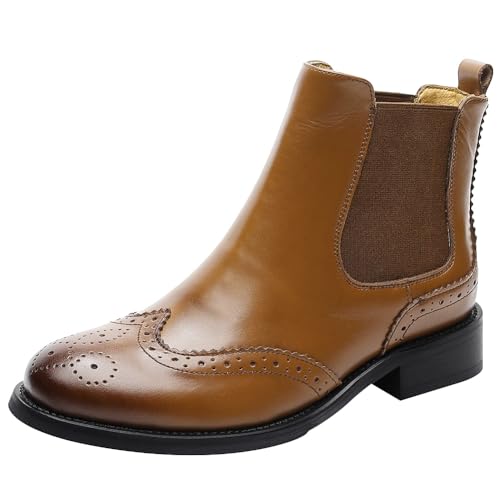 rismart Femme Brogue Wingtip Cheville Haute Glisser sur Confort Authentique Cuir Chelsea Bottes et bottines SN02052(Marron,36.5 EU)