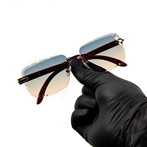 Street Knitted Square Gold Frame Gem Cut Rimless Trendy Cool Blue Tan Gradient Tint Unisex Sun Glasses Men's Retro Hip Hop Gray Brown Woodgrain Rectangle Frameless Diamond Cut Lens Shades Sunglasses3