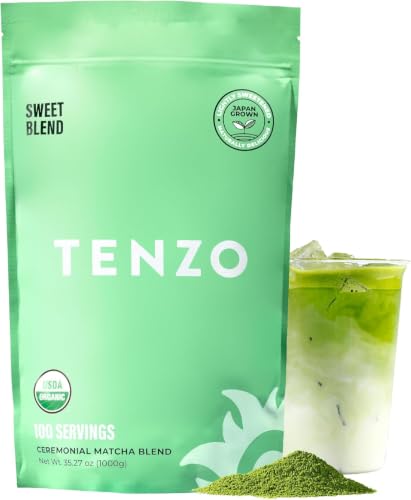 Tenzo Matcha Green Tea Powder, Organic Cafe Sweetened Matcha Latte Green Tea Powder, Ceremonial Barista Crafted Mix - Kosher - Authentically Japanese - Matcha Latte Mix (35.27 Ounce)