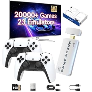 Console rétro HDMI 4K jeux classiques, stick TV sans fil, émulateur 64 Go, cadeau de Noël adultes, manette 2 joueurs, console familiale mini console de jeux vintage plug and play projecteur ordinateur