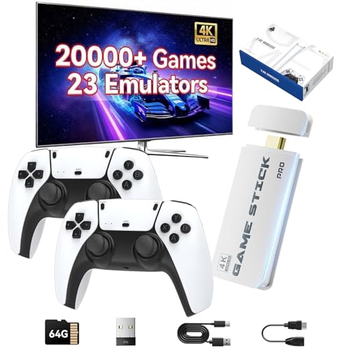 Console rétro HDMI 4K jeux classiques, stick TV sans fil, émulateur 64 Go, cadeau de Noël adultes, manette 2 joueurs, console familiale mini console de jeux...