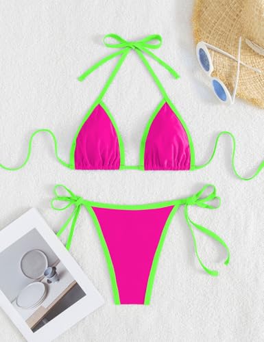 Image of Tainehs Women's Sexy Halter Thong Bikini Tie Two Sides Bottom Triangle Bikini Swimsuits