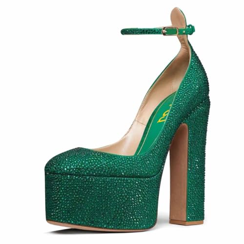 FSJ Women Fashion Round Toe Platform Pumps Chunky High Heel Ankle Strap Party Dress Shoes Size 4-15 US