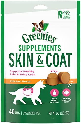 GREENIES Supplements Dog Skin & Coat Supplements With Fish Oil & Omega 3 Fatty Acids, 40 Count Chicken-Flavor Soft Chews for Adult Dogs