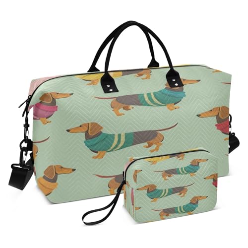 ​​Large Foldable Travel Duffel Bag, Waterproof Gym Bag for Men & Women, Carry-On Luggage Weekender Overnight Bag, Cute Dachshunds