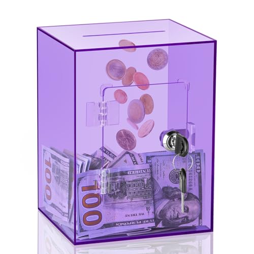 Image of Clear Piggy Bank for Adults Kids, Large Acrylic Piggy Bank Money Saving Box for Cash Saving with Key, Openable Clear Acrylic Savings Jar for Real Money (Purple)