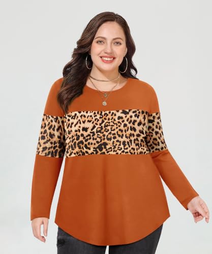 Image of CARCOS Plus Size Tops for Women Color Block Flower /Striped /Camo Crew Neck Long Sleeve Tee Shirt