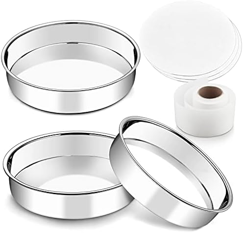 TeamFar 8 Inch Cake Pan Set of 3, Round Cake Pan Stainless Steel Round Baking Pan with 90 Pcs Round Parchment Papers & Parchment Paper Side Liner Roll(1.85 Inch × 111.5Ft), Healthy & Dishwasher Safe
