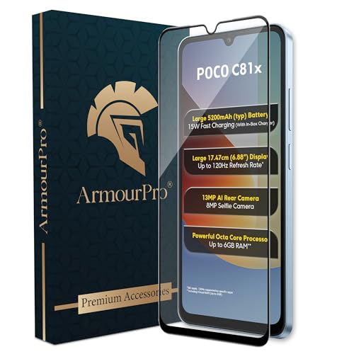 Image of ArmourPro Tempered Glass for Poco C81X - 9H Screen Protector with Black Border, Anti Scratch, Edge-to-Edge Coverage, HD Clarity, Smooth Touch, Case Friendly | Black