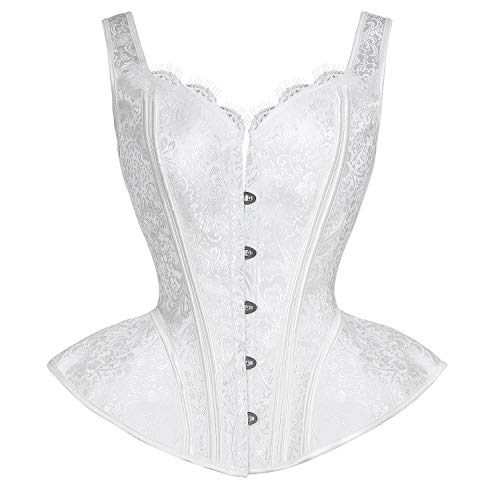 Charmian Women's Victorian Gothic Jacquard Bustier Top Overbust Tank Corset with Straps White Small