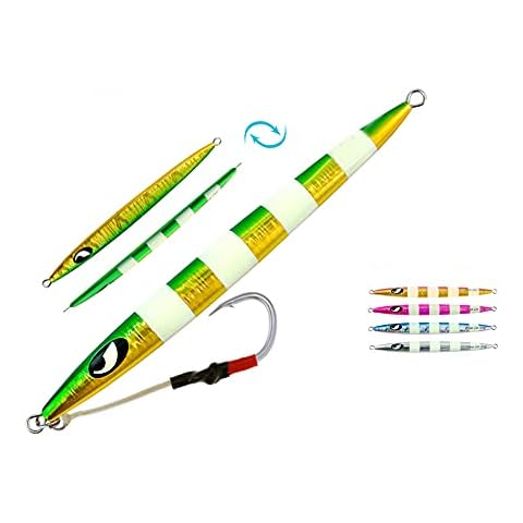 OCEAN CAT Fast Slow Metal Lead Jig Jigging Fishing Lures Glow Saltwater Offshore Fishing Jigs Speed Jigging Slow Jigging Pitching Lures Vertical Jigging Assist Hooks (Green & Gold, 200g) Cover