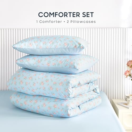 Image of Wake In Cloud - Floral Comforter Set, Coquette Cottagecore Aesthetic Flower Shabby Chic Pattern for Women Teen Girls, Soft Lightweight Bedding, 3 Pieces, Blue Pink, Queen Size