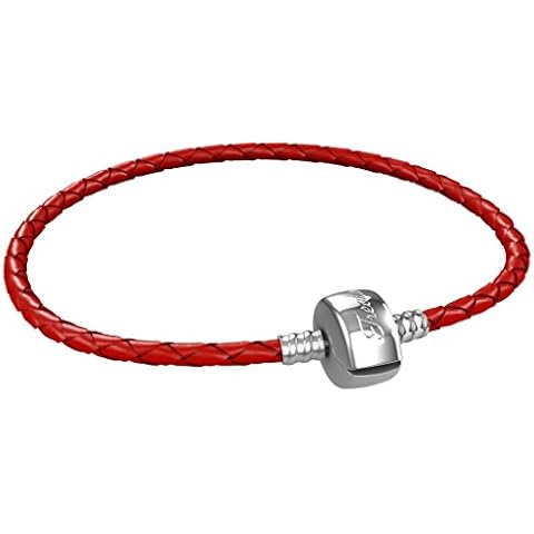 Braided Leather Charm Bracelet for Women, Fits European Charms, Barrel Snap Clasp, Red 7.5 Inch Cover