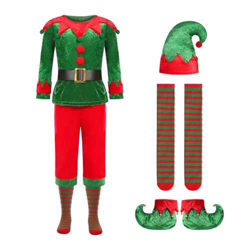 Genérico Disfraz de Elfo de Navidad para Niña Traje Navideño Infantil Vestido de Duende Verde y Rojo con Cinturón Gorro y Medias Ropa de Fiesta Escolar y Espectáculos de Navidad