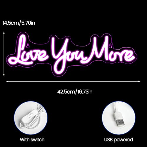 Love You More Neon Signs for Wall Decor, Love Neon Sign for Girls Bedroom Decoration, USB Powered LED Neon Light Sign for Wedding Party Birthday Valentine's Day Gift - Image 3