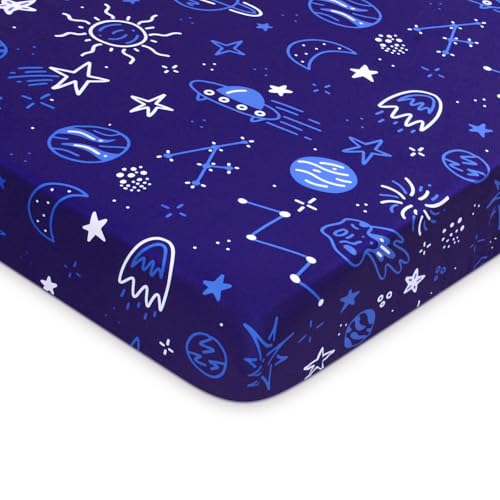Image of Baby Fitted Crib Sheet Soft Microfiber 52 inch x 28 inch Crib Mattress Sheet for Boys Girls Breathable Baby Bedding with Space Design Blue