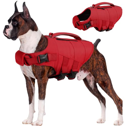 Kuoser Dog Life Jacket, High Flotation Dog Life Vest for Swimming Boating, Adjustable Small Medium Large Dogs Swim Vest with Rescue Handle and Pocket, Reflective Safety Pet Lifejacket Floats for Pool