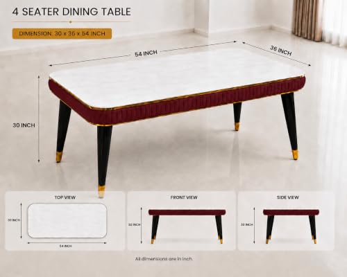 Image of WOODEN SPACE Majestic 4 Seater Wooden Dining Table Set | Urban Marble Top Dining Table with Chairs for Dining Room & Kitchen (Modern Classic Printed Maroon) (54 x 36 x 30 inch)