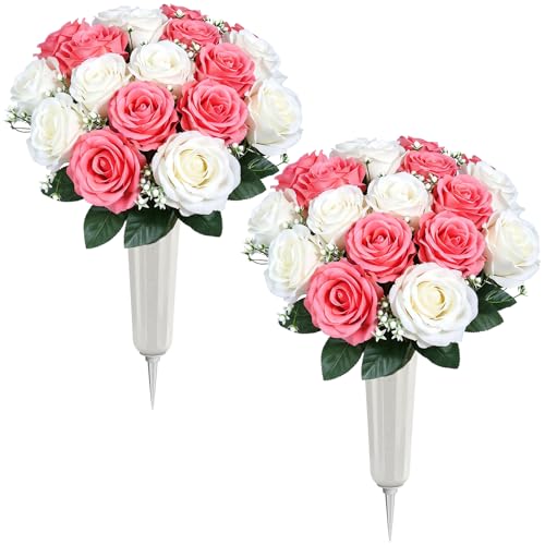 Lewondr Artificial Cemetery Flowers with Vase, 2 Sets Outdoor Grave Decorations UV Resistant Silk Roses Bouquet Graveyard Memorial Flowers for Cemetery Headstones Decoration, White Pink