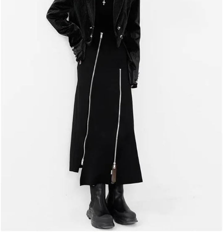 Women Black Asymmetric Maxi Skirt with Zipper Detail High Waist Loose Fit Casual Daily