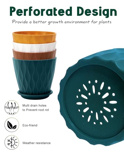 Goproauto 6 Inch Indoor Planter Pots with Drainage Hole and Tray Saucer,Flower Pots for Indoor Outdoor Garden Plants and Flowers, Multicolor, 4 Packs