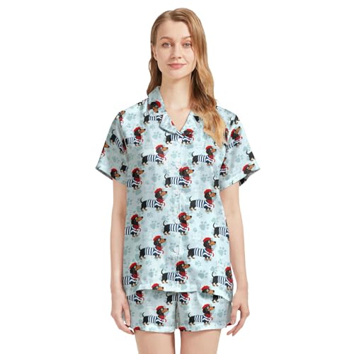 Image of Silk Satin Pajama Set for Women Summer Lounge Pjs Sets 2 Piece Suit Ladies Button Down Tops And Shorts Sleepwear