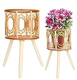 LiliGloris Boho Rattan Plant Stand Indoor Outdoor - 2 Rattan Wicker Planter Shelf for Multiple Plants, Mid Century Modern Wooden Flower Pot Holder with Stand, Farmhouse Home Decor for Living Room