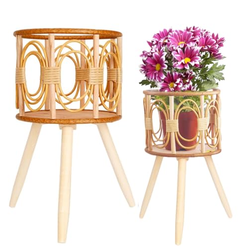 LiliGloris Boho Rattan Plant Stand Indoor Outdoor - 2 Rattan Wicker Planter Shelf for Multiple Plants, Mid Century Modern Wooden Flower Pot Holder with Stand, Farmhouse Home Decor for Living Room