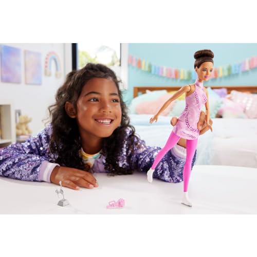Image of Barbie Careers Fashion Doll & Accessories, Brunette in Removable Pink Skate Outfit with Ice Skates & Trophy