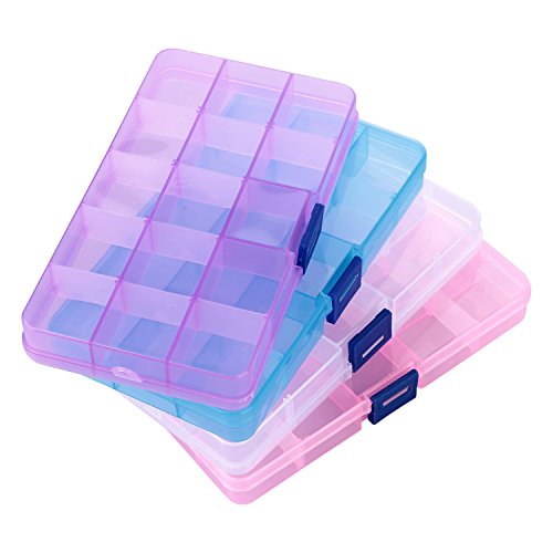 Adjustable Clear Plastic 15-Grid Jewelry Organizer Divider Storage Box (Pack of 4) (15-Grid Packet 4)
