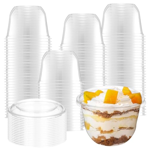 100 Pack 10 Oz Clear Stackable Disposable Plastic Cups with Flat Lids 300ml PET Ice Cream Cups with Lids Dessert Containers for Party Cold Drinks Pudding Jello Fruits Juice Milkshake Tiramisu Cake
