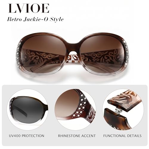 Image of LVIOE Polarized Sunglasses for Women Rhinestone Design Wrap Around Shades | UV400 Protection Fashion Sun Glasses Stylish Elegant Frame, Bonus Cleaning Cloth & Soft Pouch Plus Essential Accessories