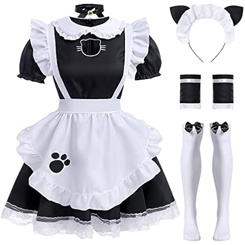 Maid Dress Cosplay Anime Girl Sexy Kleid Pelziges Katzenohr Handschuhe Socken Strümpfe Outfit Damen Halloween Kostüm Faschingskostüme Schwarz 01 XL Cover