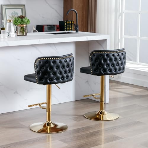 Conjunto de 6 butacos modernos giratorios para barra, ajustables de 25" a 33", tapizados en cuero sintético negro con base dorada miniatura 5